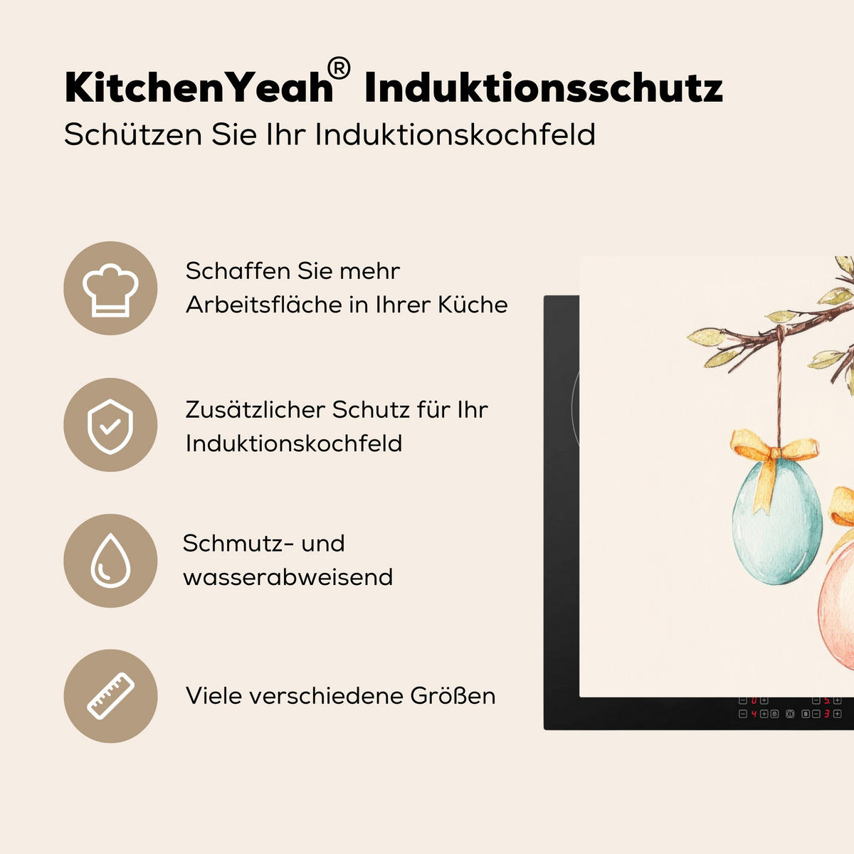 HERDABDECKPLATTE Osterkuchen - Schleife - Eier Herdabdeckung Induktionsfeld 75x52 cm - Creme, Kunststoff (75/52/0.2cm) - MuchoWow