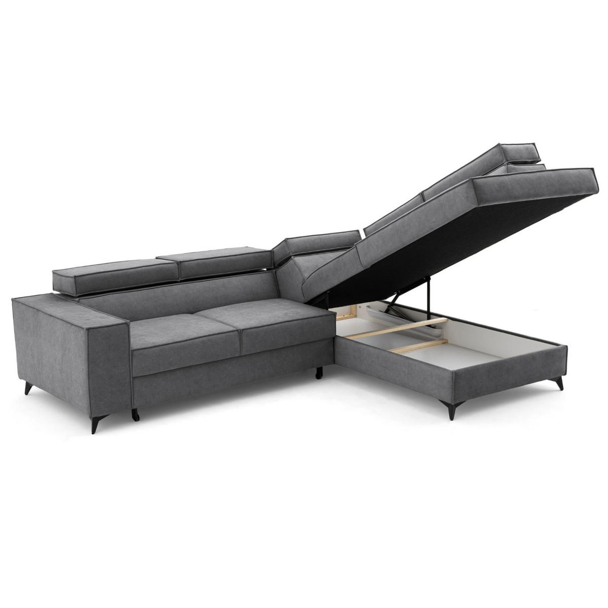 ECKSOFA PURE L Rechts mit Schlaffunktion 127x199 Velours Grau - Schwarz/Grau, Holz/Textil (204/281cm) - Muffo
