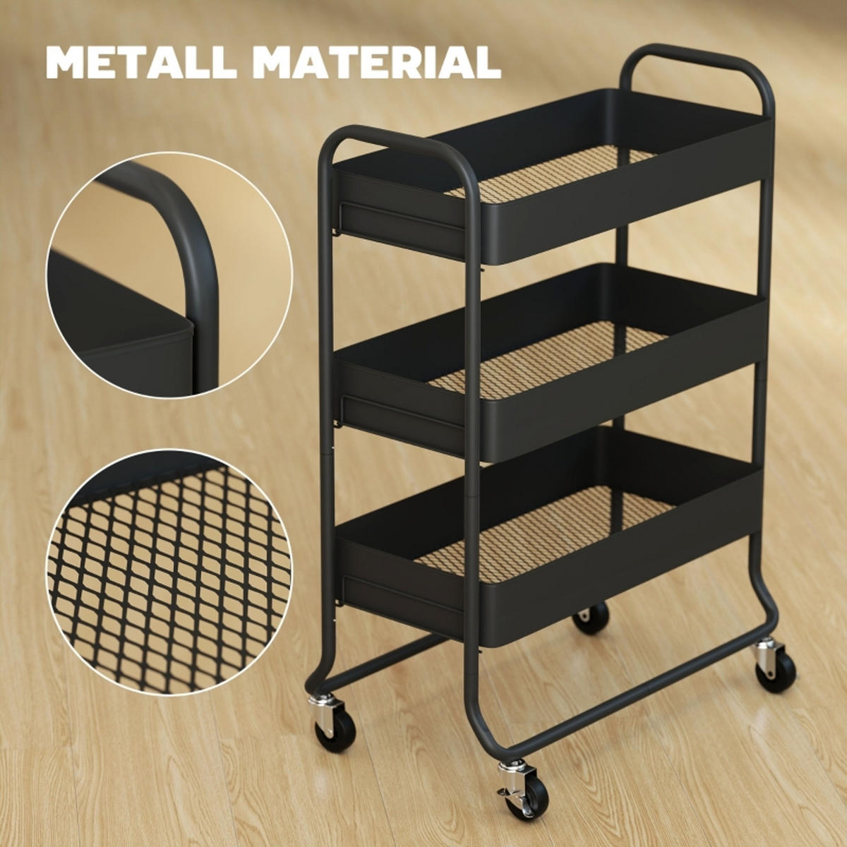 KÜCHENWAGEN Metall Schwarz, ROLLWAGEN MIT 3 KÖRBEN, Für Küche Und Wohnzimmer - Schwarz, Holzwerkstoff (34/87/64.5cm) - Rolipo
