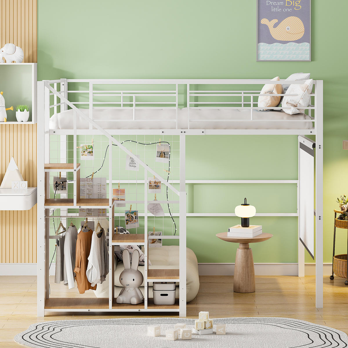 HOCHBETT 140/200 cm weiß mit integrierter Ablage und Sicherheitsleiter - Weiß, Metall (140/200cm) - OKWISH