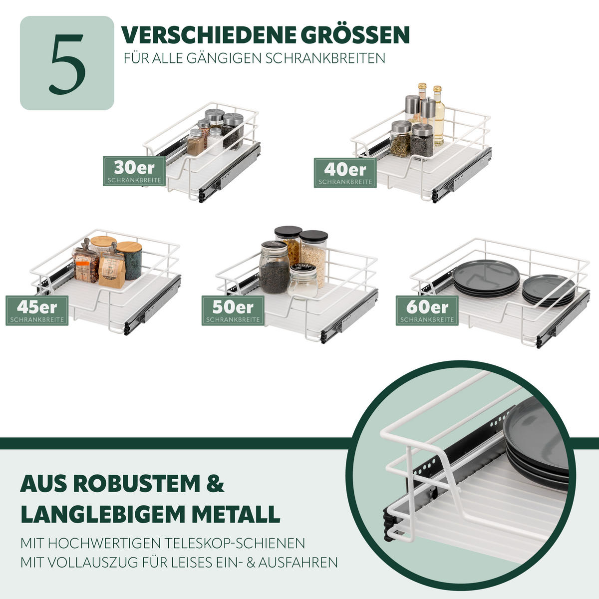 TELESKOPSCHUBLADE 45 cm, weiß, Metall - Weiß, Metall (42/14/44cm) - bremermann