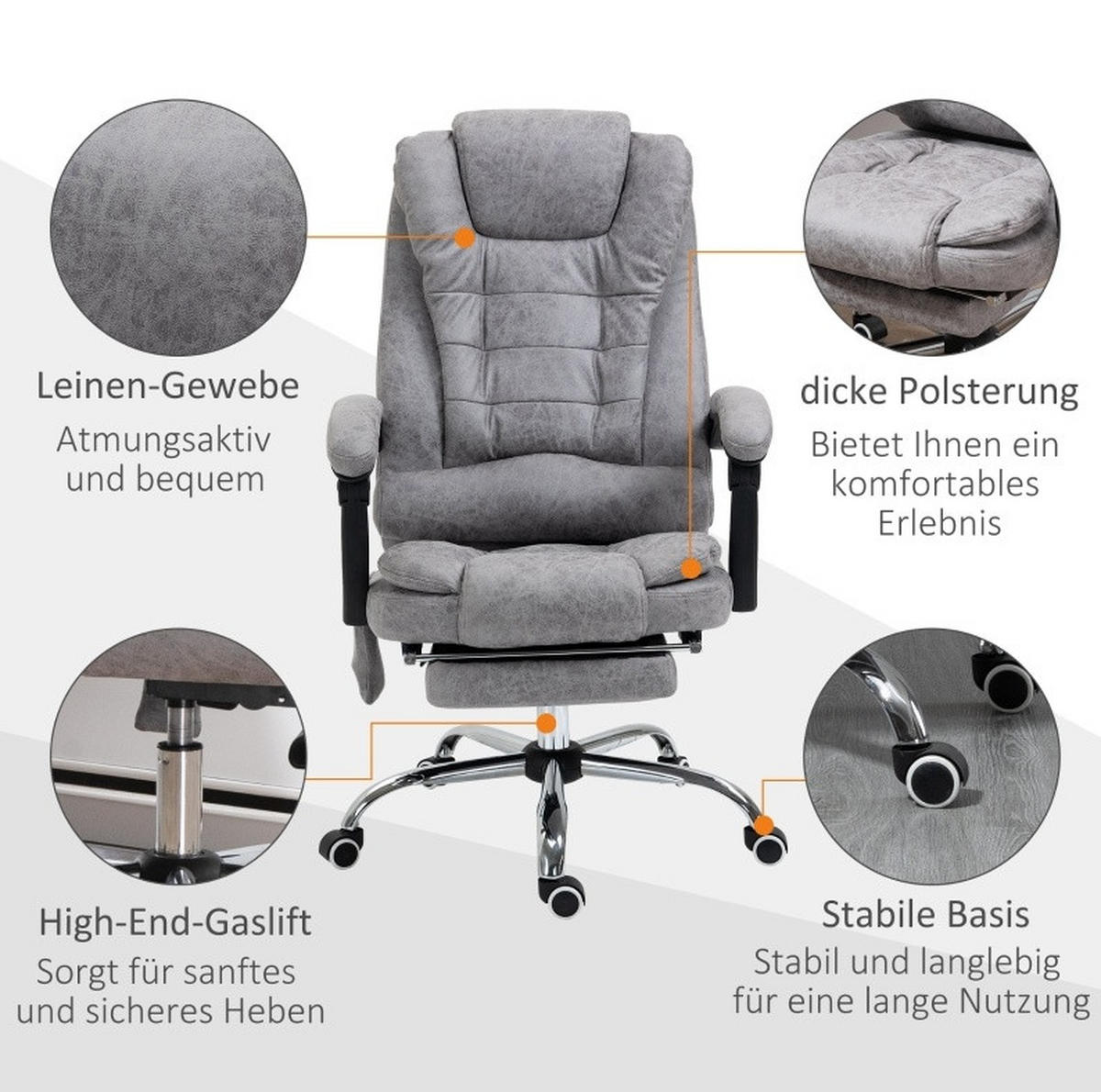 BÜROSTUHL in Grau 70x65x119 cm mit Massage- und Heizfunktion, neigbarer Rückenlehne und Fußstütze - Grau, Textil (65/119/70cm) - IVMEU