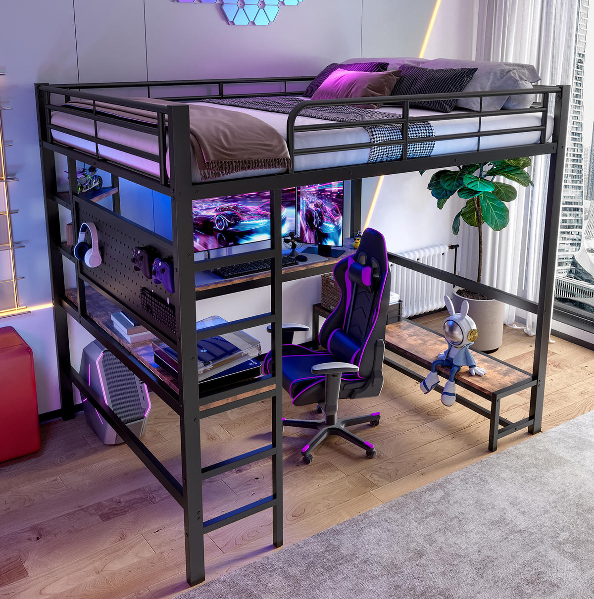 HOCHBETT 140/200 cm aus Metall mit Schreibtisch, LED-Leiste, Schwarz - Schwarz, Metall (140/200cm) - OKMYHOME