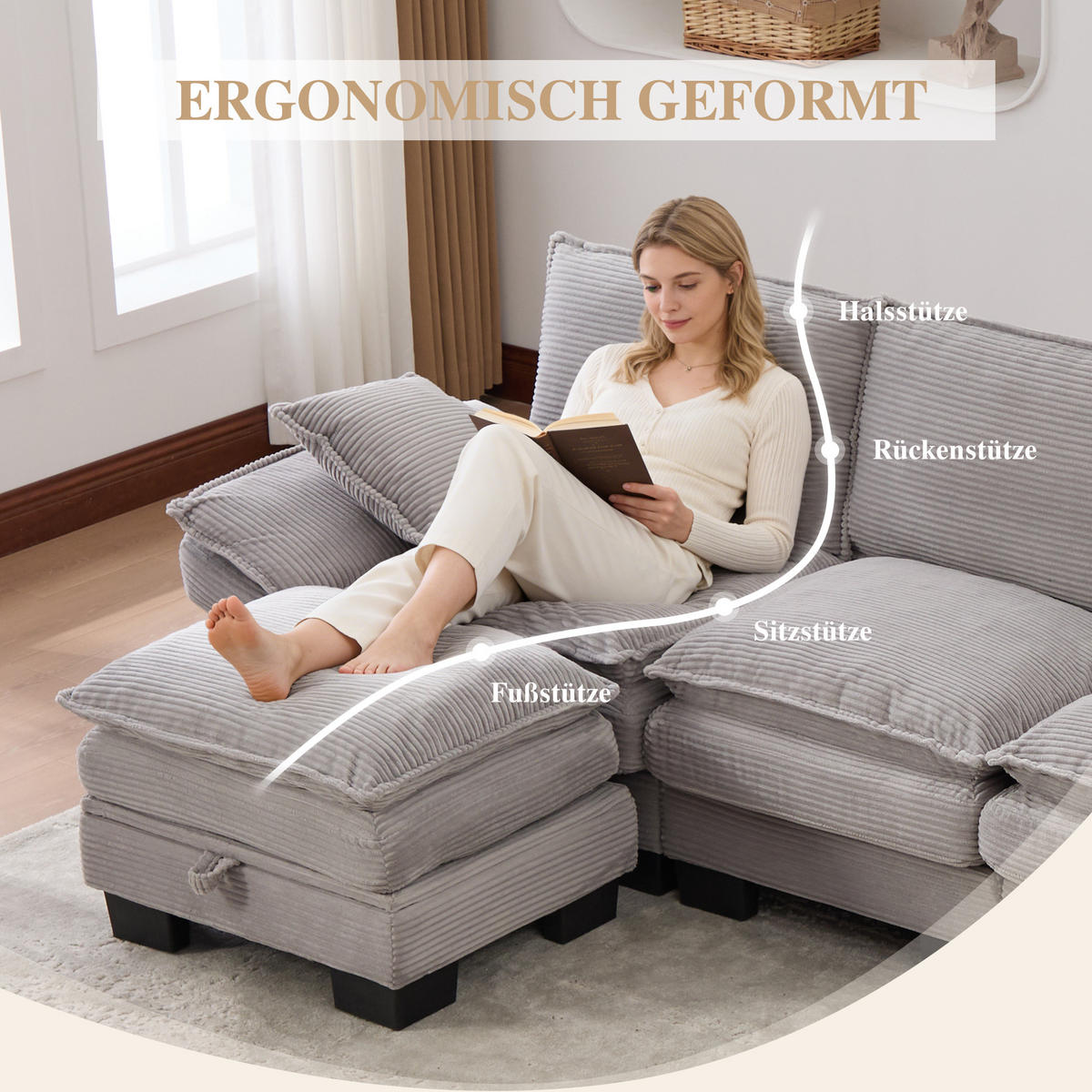 WOHNLANDSCHAFT Cord Hellgrau mit 2 Hocker, USB-C und Seitentaschen - Hellgrau, Holzwerkstoff/Kunststoff (330/84/132cm) - WISHDOR
