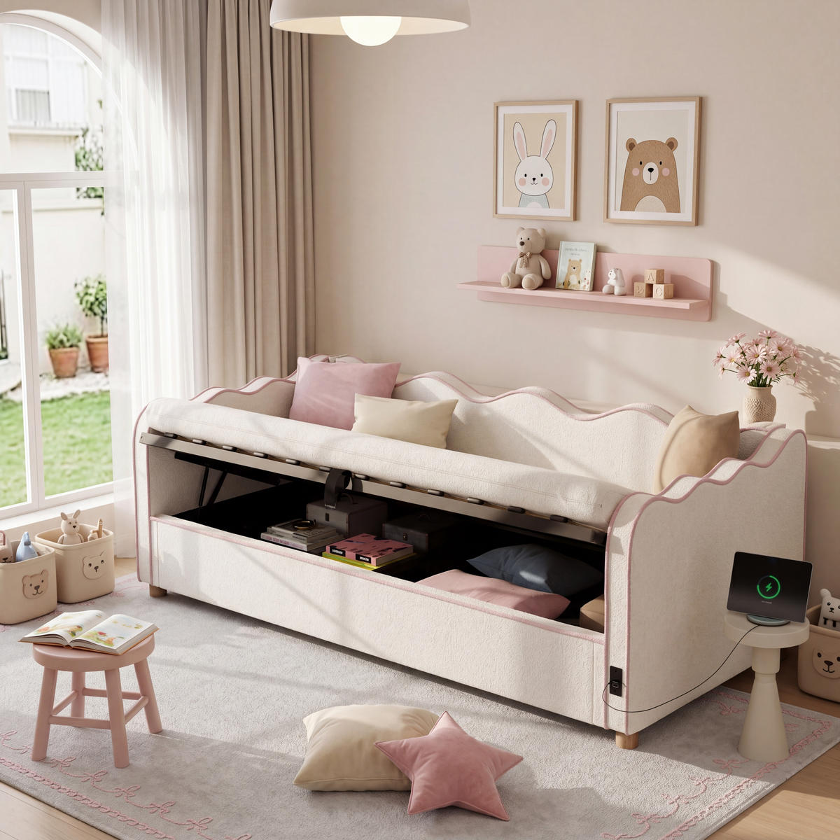 SCHLAFSOFA 90×200 Cm, USB-Anschlüssen & Type-C，Polster-Tagesbett，Bouclé, Beige - Beige, Holz (216/74.5/102.5cm) - FLIEKS