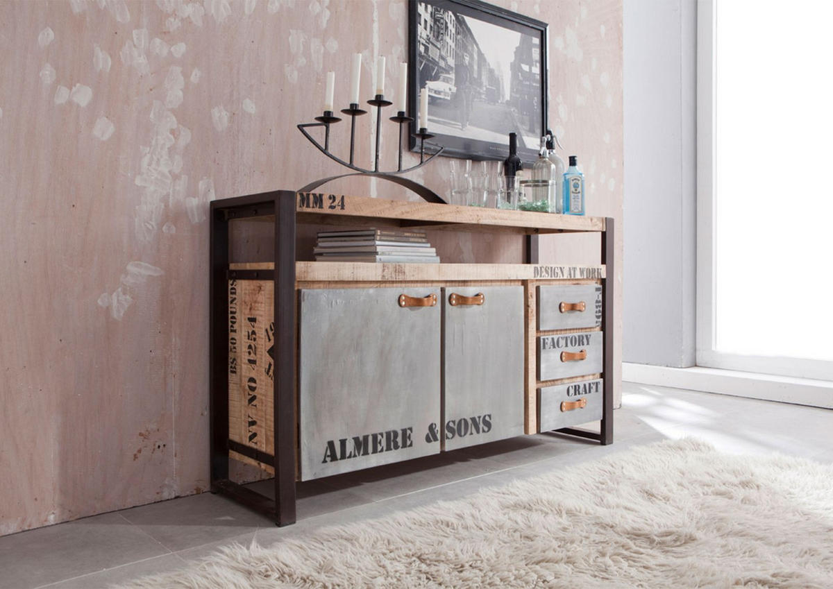 SIDEBOARD Mango 145x40x85 natur bedruckt FACTORY #143 - Braun, Holz (145/85/40cm) - Massivmoebel24