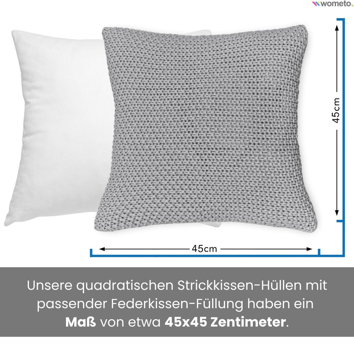 KISSENHÜLLE Strick grau 45/45 cm mit Reißverschluss inkl. 100% Federkissen - Grau, Textil (45/45cm) - wometo