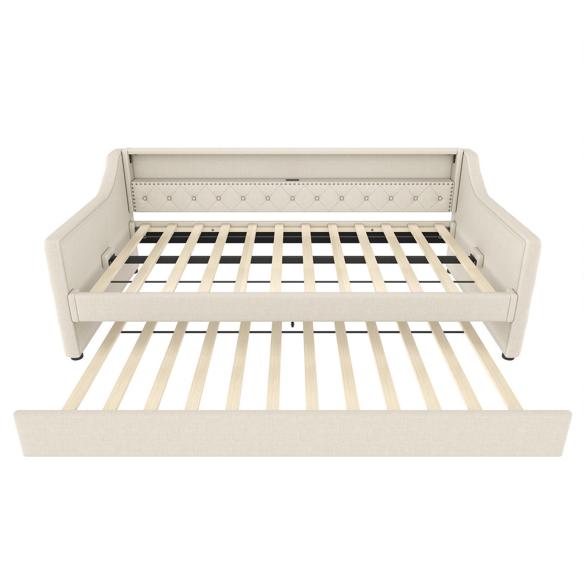 TAGEBETT 90x200cm Beige Leinen LED-Licht Ausziehbett USB - Beige, Holz (90/200cm) - FLIEKS