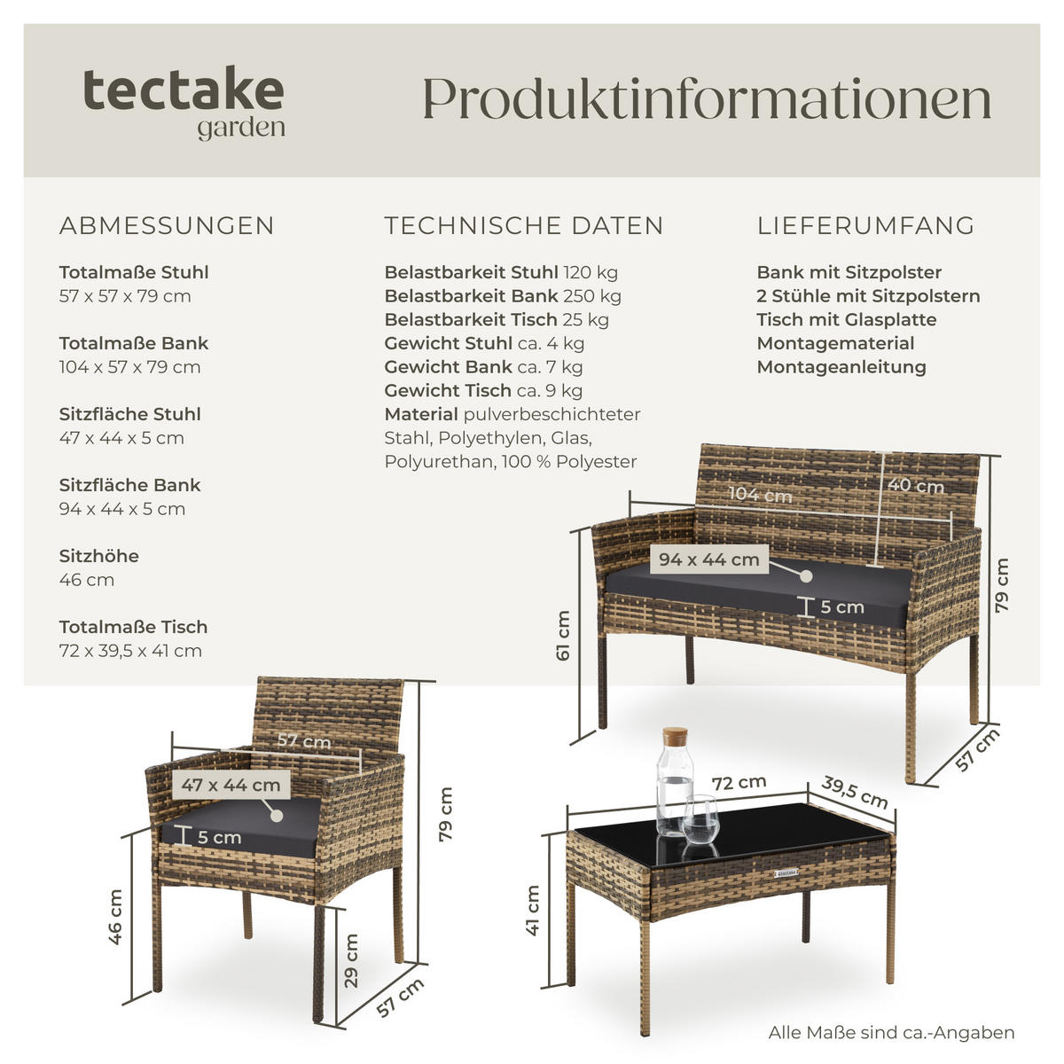 RATTAN GARTENSET Palese,Sofa 250 kg, je Sessel 120 kg,natur - Naturfarben, Kunststoff - tectake