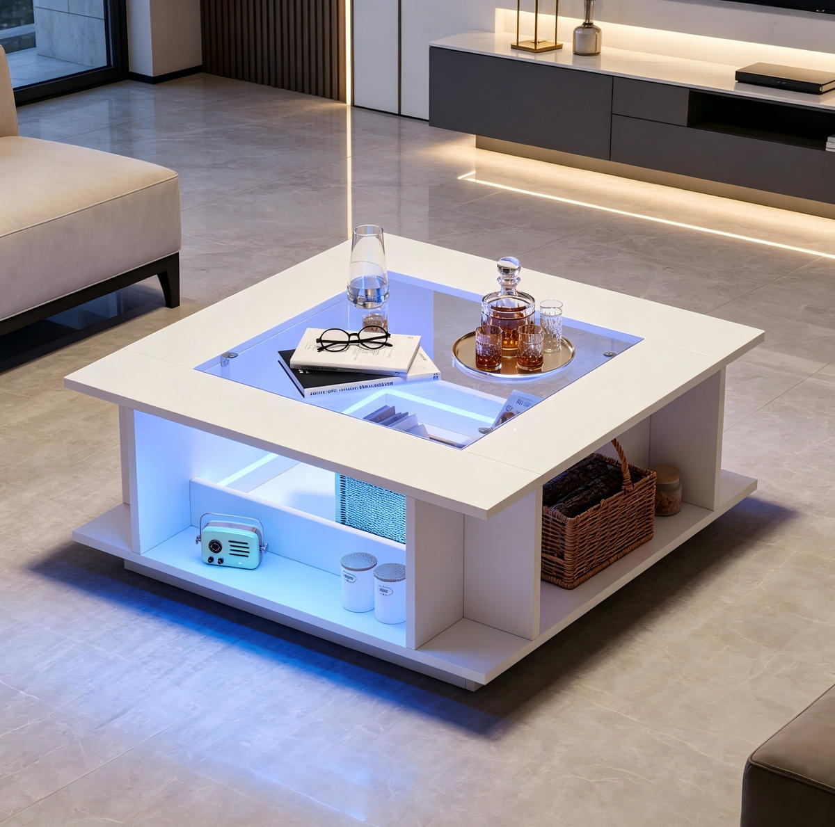 COUCHTISCH 70/70/30 cm weiß aus Spanplatte mit Glasplatte und LED - Weiß, Holzwerkstoff (70/70/30cm) - OKWISH