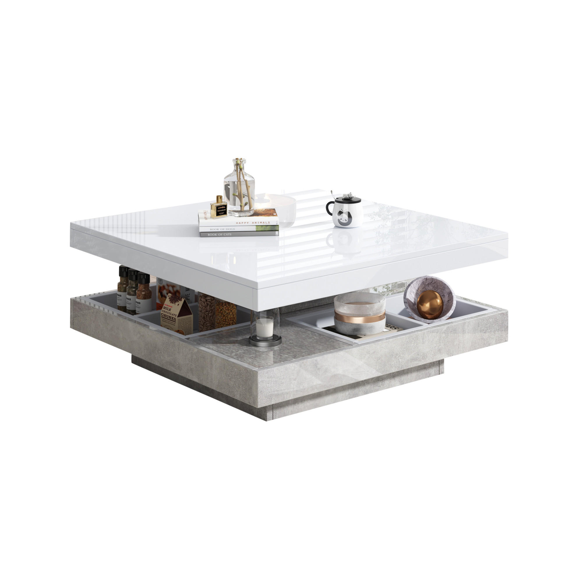 COUCHTISCH, 360° drehbar, Hochglanz-weiße Platte mit marmorfarbenem Sockel, 70/70/36 cm,weiß - Weiß, Holzwerkstoff (70/70/36cm) - Redom