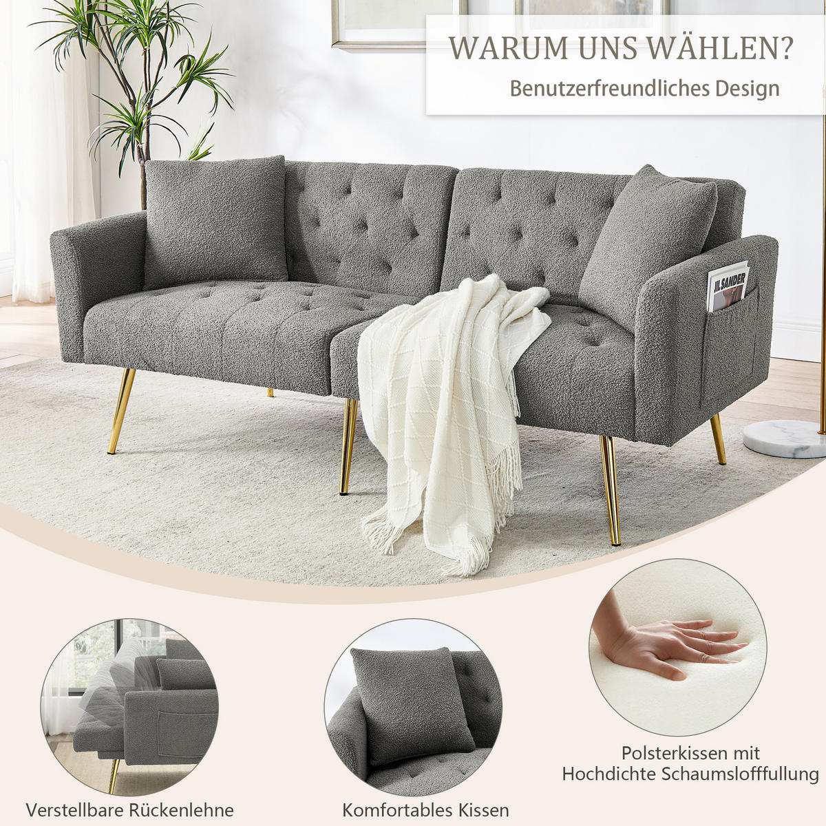 SCHLAFSOFA 177/78/74 cm in Gray Teddyfell mit Aufbewahrungstasche - Grau, Textil (177/74/78cm) - Oxeza