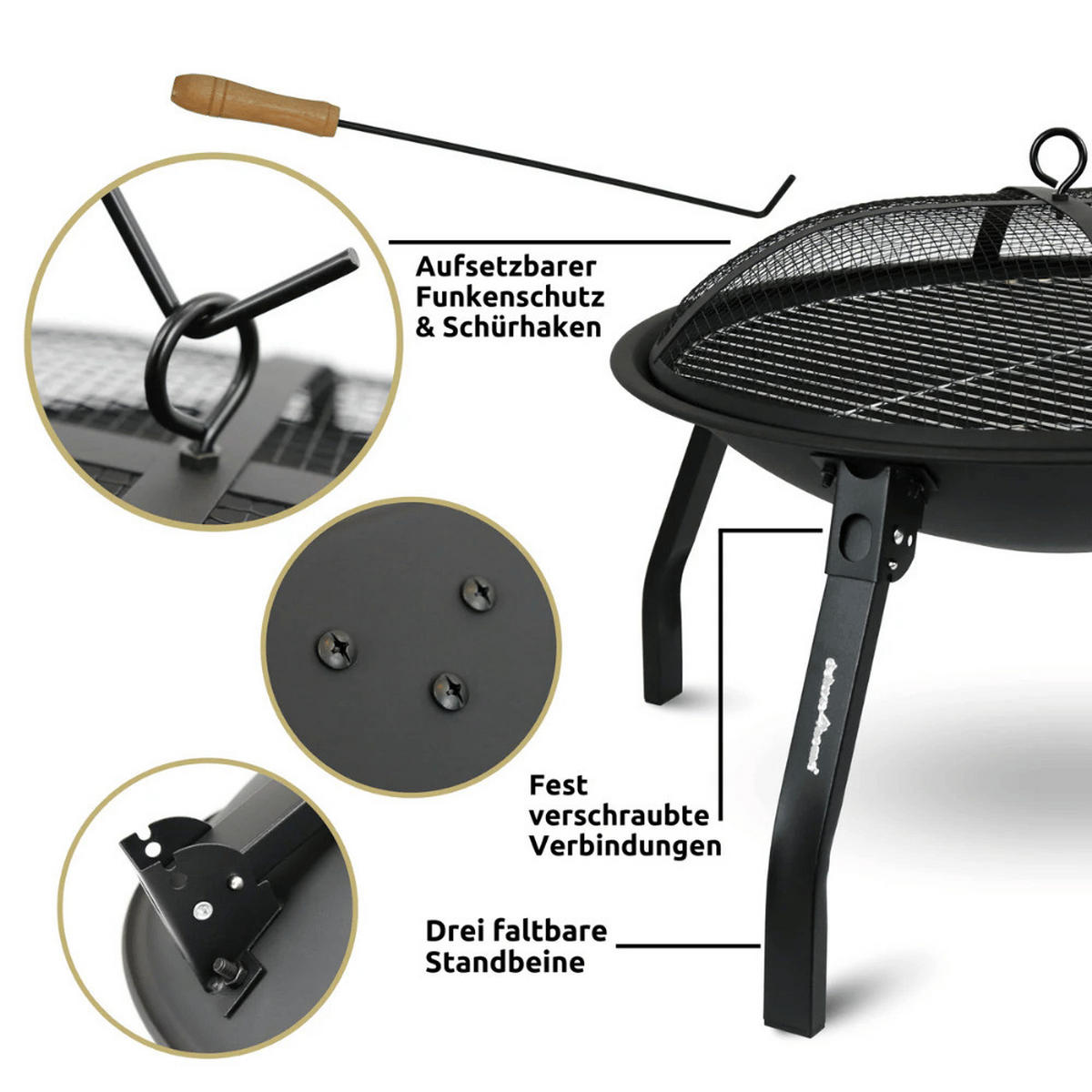 FEUERSCHALE mit Funkenschutz KHELO mit Grillrost Schwarz - Schwarz, Metall (55/30/55cm) - DELUKE