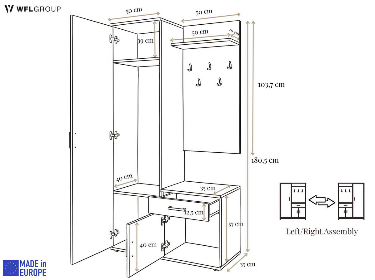 GARDEROBE Talia mit Spiegel, universell montierbar, 100/180/35 cm Schwarz - Schwarz, Holzwerkstoff (100/180.5/35cm) - WFL GROUP
