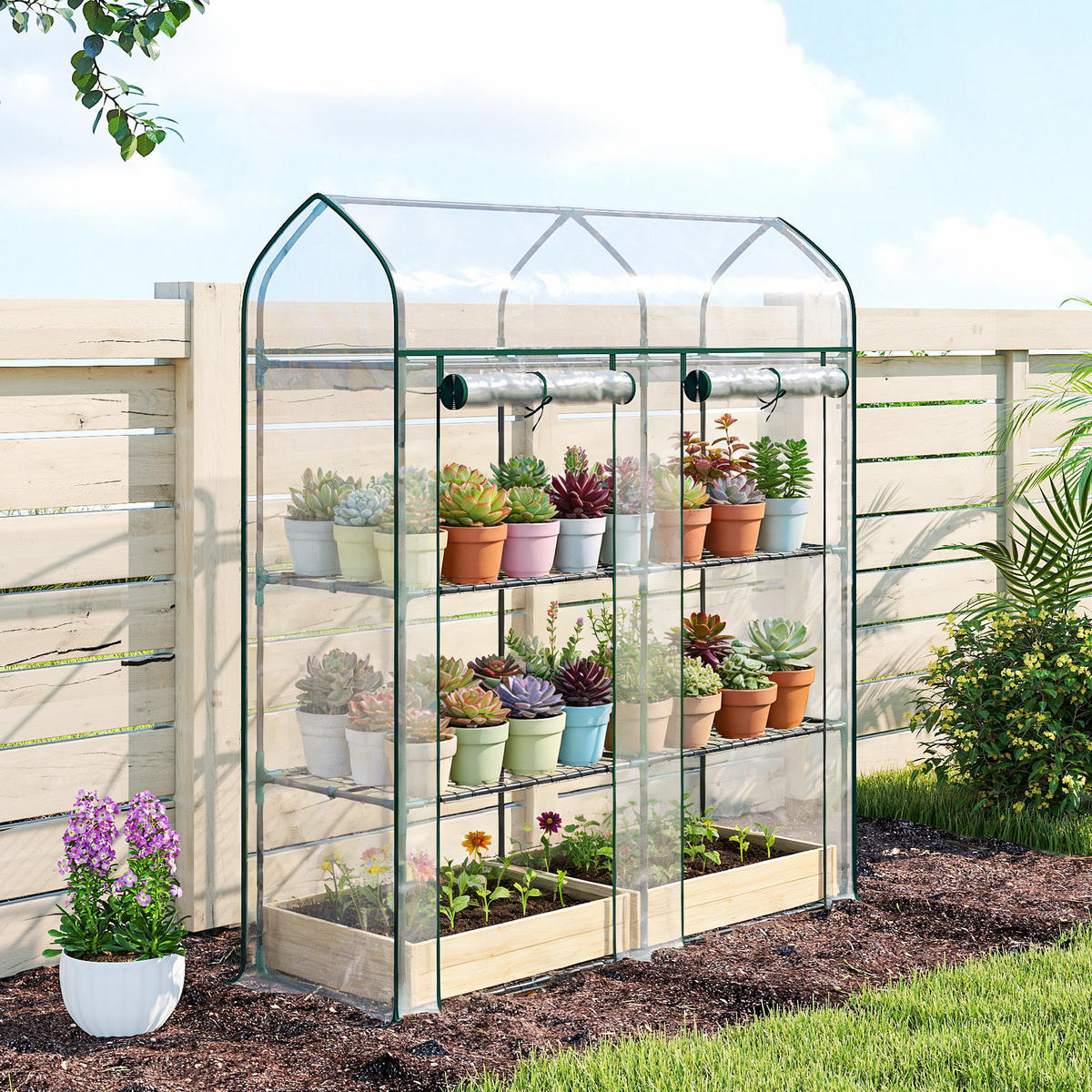 GEWÄCHSHAUS DE-12075 3-stufig mit PVC-Bâche und 2 Rolltüren Transparent - Transparent, Metall (46/165/143cm) - ComfortXL