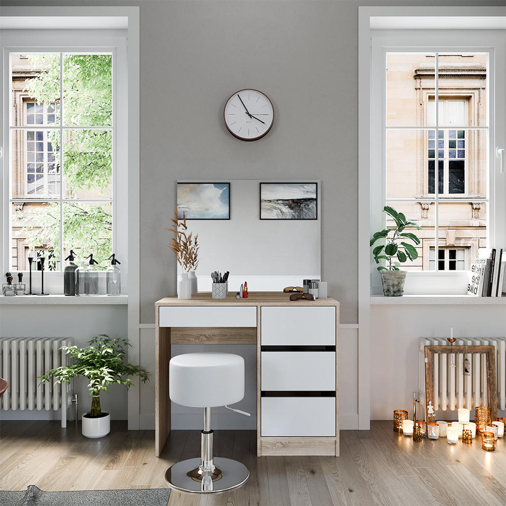SCHMINKTISCH-SET Sherry Sonoma 90 cm mit Hocker - Weiß/Sonoma Eiche, Holzwerkstoff (90/75/40cm) - Vicco