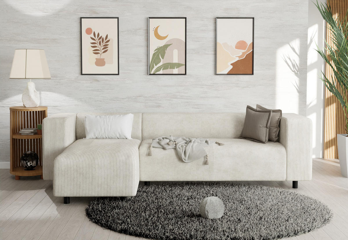 ECKSOFA Tove Beige Cord - Ottomane links - Beige/Schwarz, Holz/Kunststoff (240/142cm) - S-Style Möbel