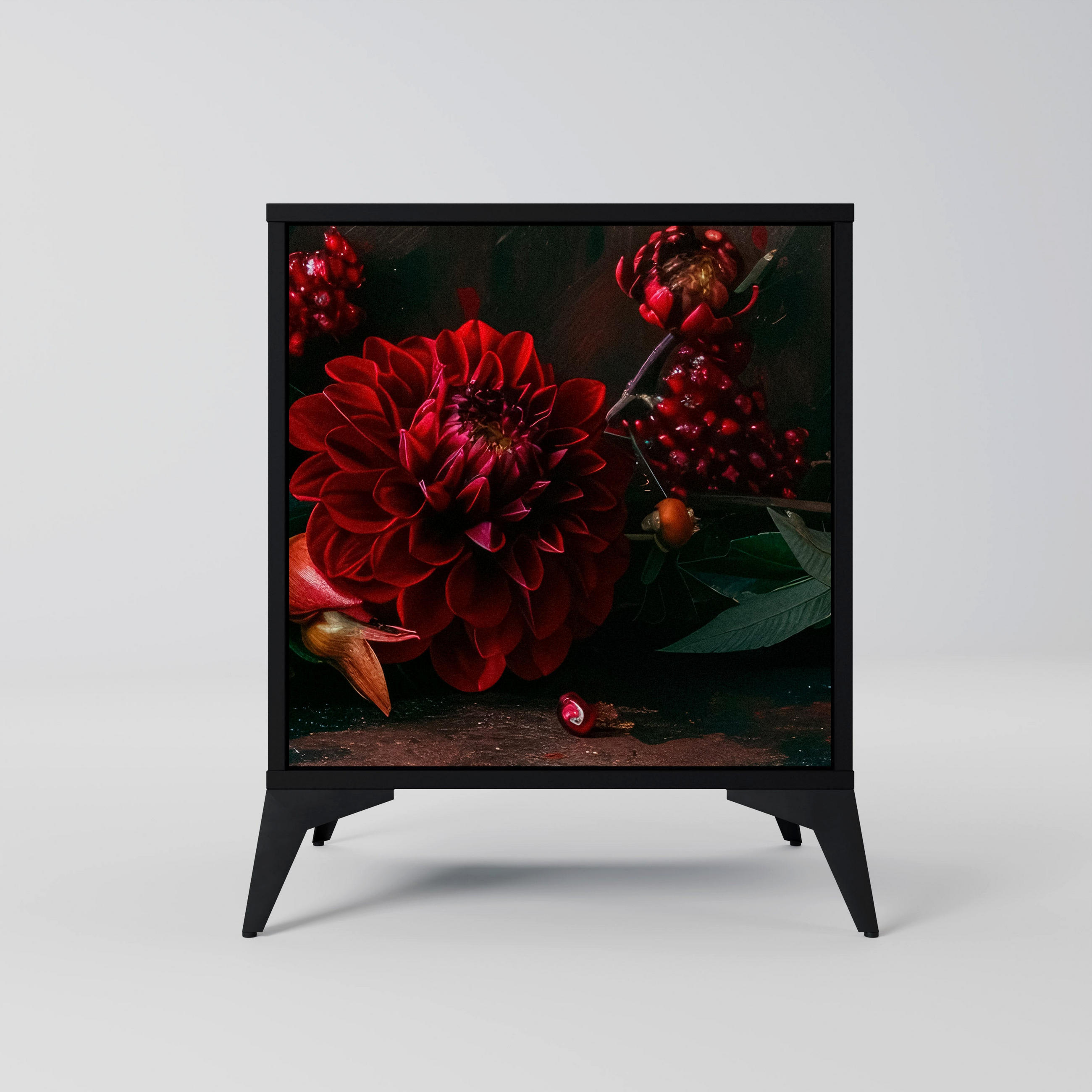 SIDEBOARD DAHLIAS AND POMEGRANATES, Schwarz, 57,5x42x70,5 cm, Schwarze Metall-Sternfüße - Multicolor/Schwarz, Holzwerkstoff/Metall (57.5/70.5/42cm) - SpaceRebels
