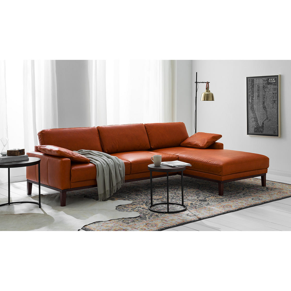 ECKSOFA mit Longchair - Cognac/Dunkelbraun, Leder/Holz (249/171cm) - home24