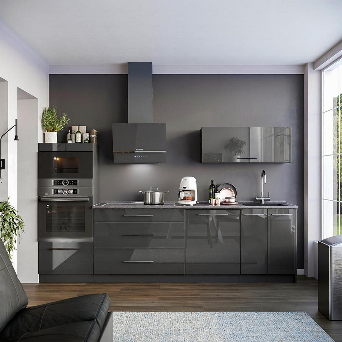 KÜCHENUNTERSCHRANK Fame-Line, Anthrazit Hochglanz/Anthrazit, 100 cm ohne Arbeitsplatte - Schwarz Hochglanz/Anthrazit, Holzwerkstoff (100/82/51.6cm) - Vicco