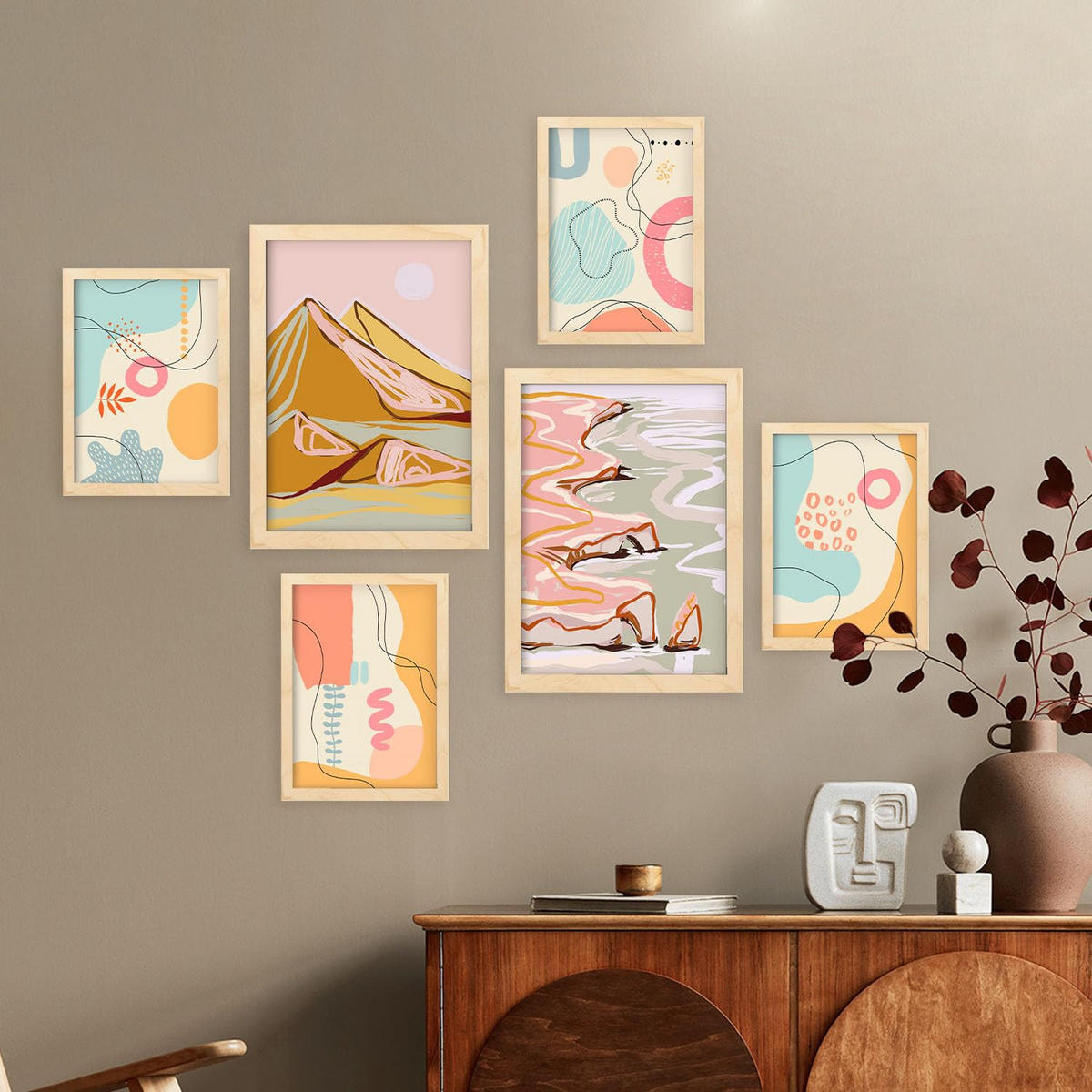 POSTER Set Mit 6 Linienufer In Kulissen Abstracts Ästhetische Dekorative Gemälde Für Ihr Wohnzimmer Zuhause A3 & A4 Rahmen Aus Hellem Holz - Beige, Papier (29/3cm) - Nacnic