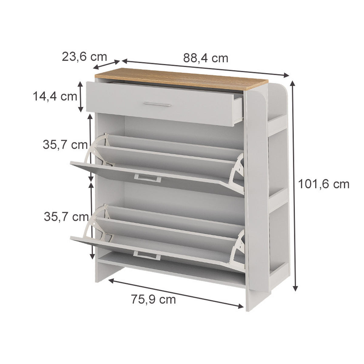SCHUHSCHRANK Movino Weiß/Eiche 88.4 x 101.6 cm mit offenen und geschlossenen Fächern - Eichefarben/Weiß, Holzwerkstoff (88.4/101.6/23.6cm) - Vicco