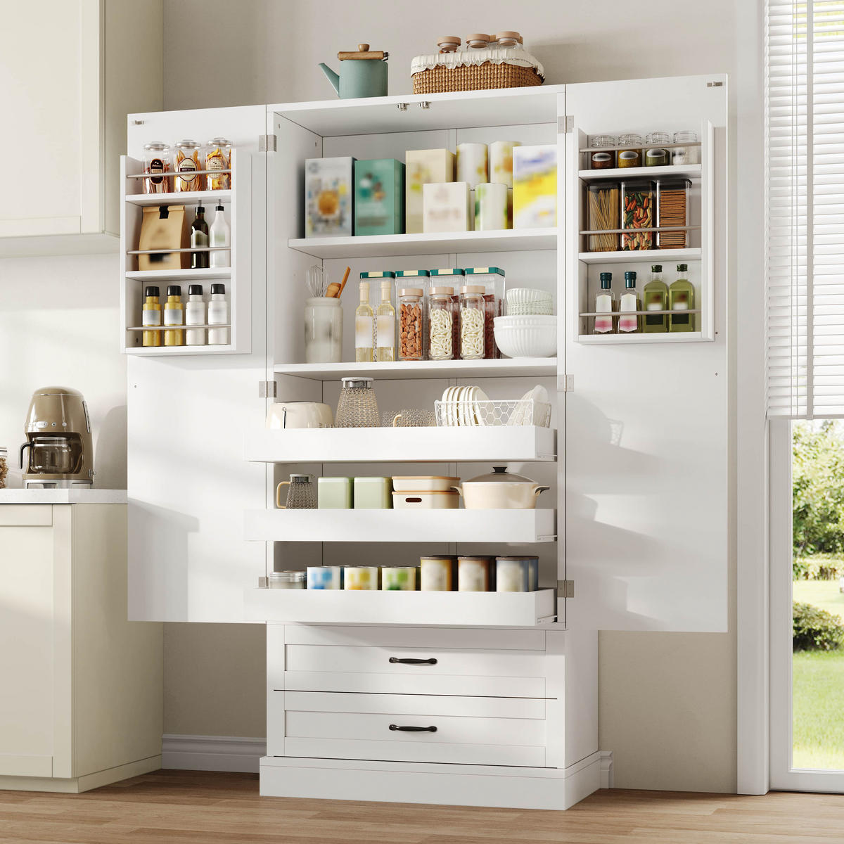 GESCHIRRSCHRANK 180 cm MDF Weiß mit Ausziehböden und Schubladen - Weiß, Holzwerkstoff (37.5/180/80cm) - Korfee