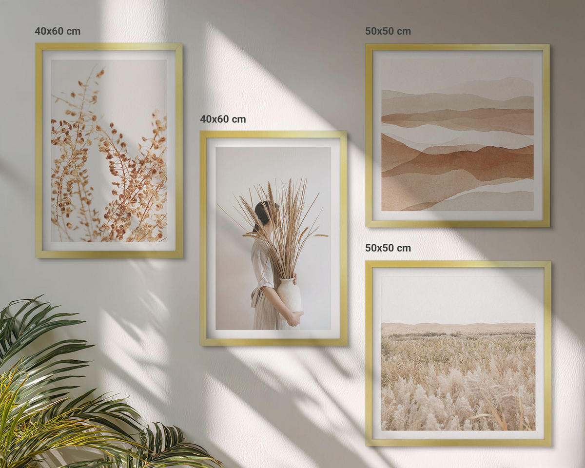 BILDER SET 4er Set - 50x50 cm & 40x60 cm Goldrahmen - Pflanzenmotive im Boho-Stil - Goldfarben, Kunststoff (50/50cm) - TULUP