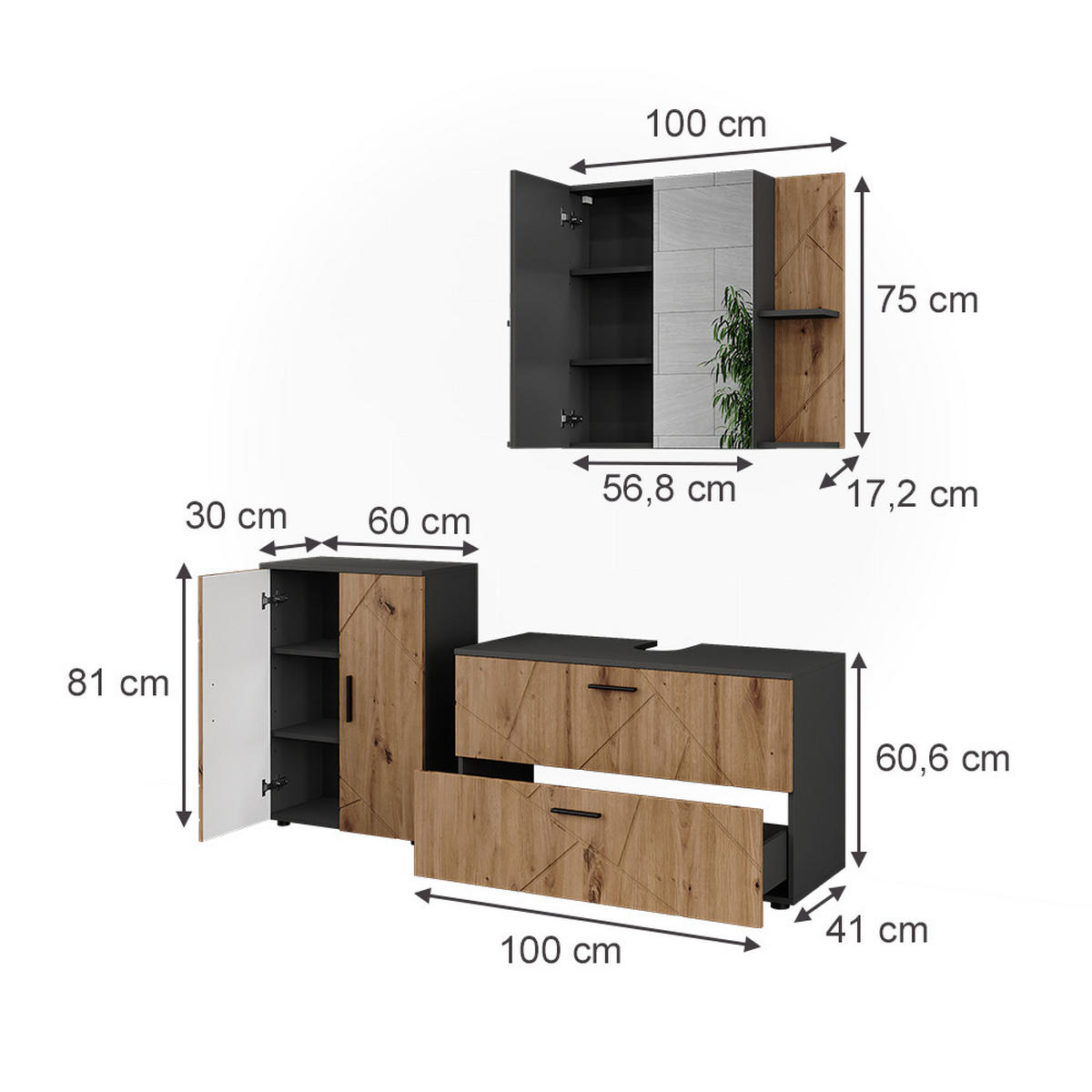 BADMÖBEL-SET Irma Anthrazit/Artisan 3 Teile - Anthrazit/Hellgrau, Holzwerkstoff (100.1/60.6/41cm) - Vicco