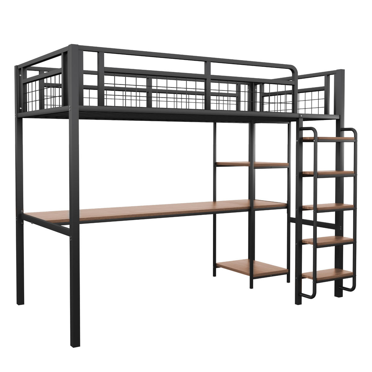 HOCHBETT 90/200 cm DE-01342, in Schwarz, mit Sicherheitsleiter, Tisch und Regalen - Schwarz, Metall (90/200cm) - ComfortXL