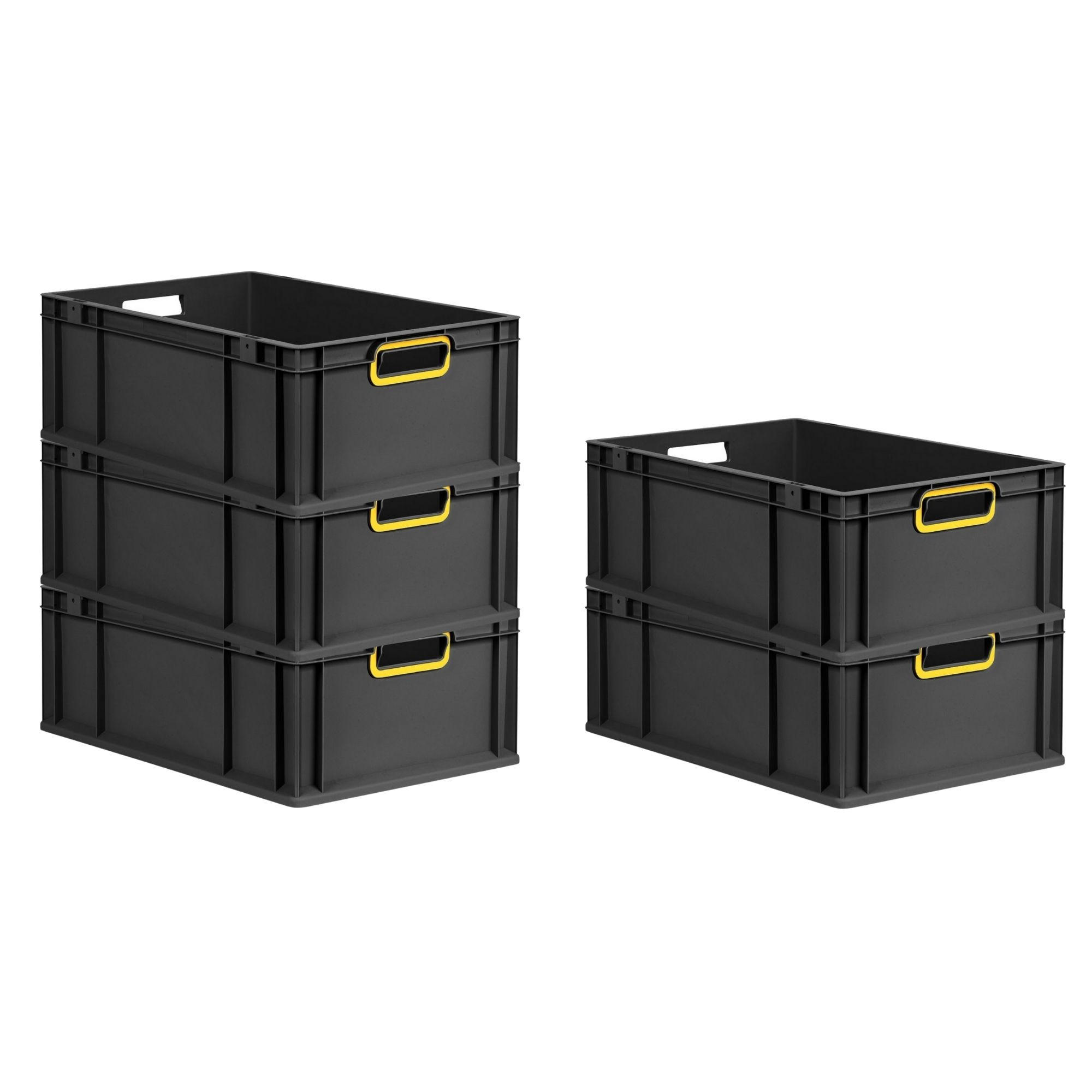 EUROBOX 5x NextGen Color 22x40x60 cm 44 Liter Griffe gelb offen, Schwarz - Gelb/Schwarz, Kunststoff (40/22/60cm) - PROREGAL