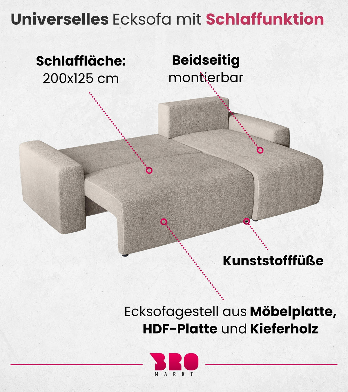 ECKSOFA PLUSH mit Schlaffunktion Ecru Boucle - Ecru, Textil (240/145cm) - Bromarkt