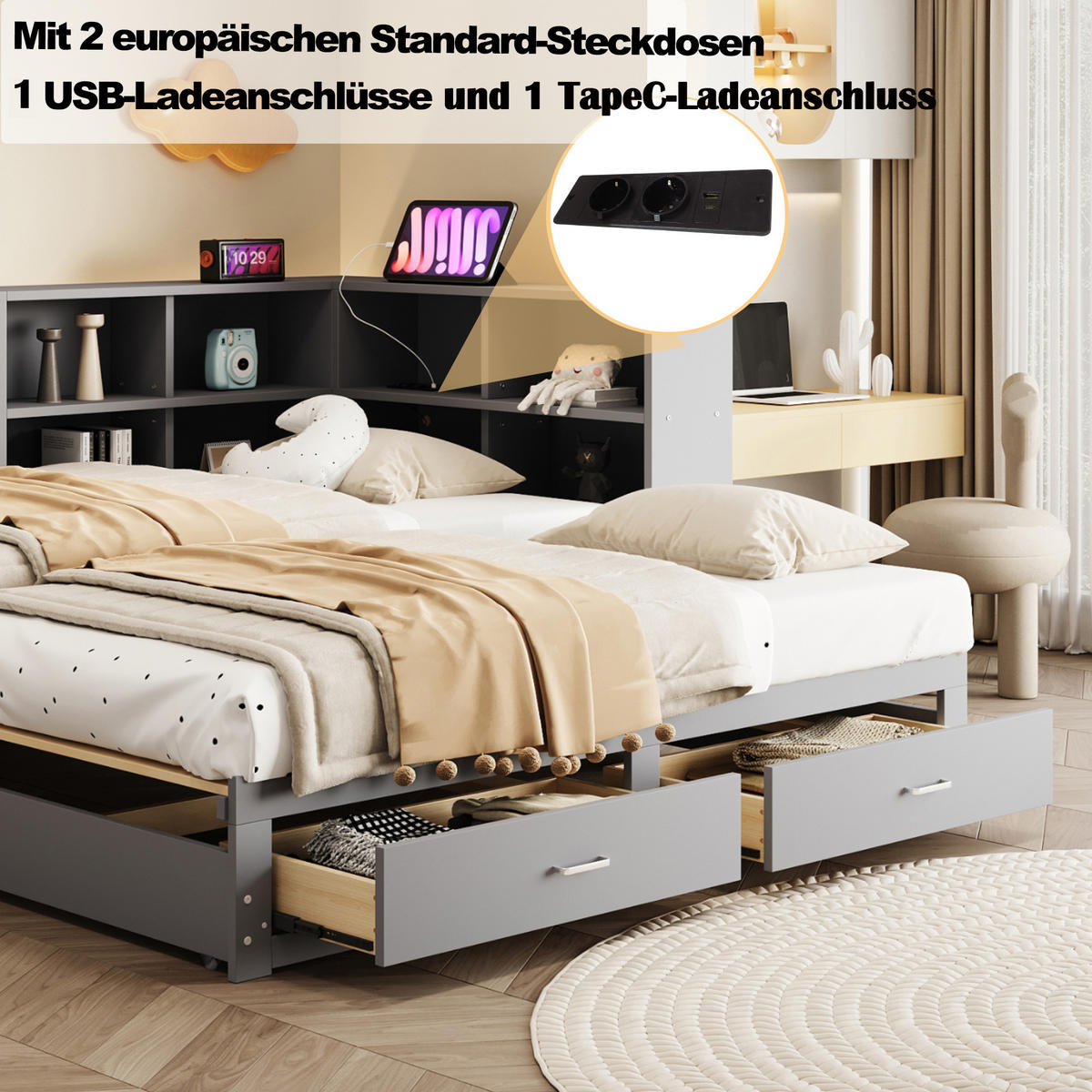 JUGENDBETT 90/180x190cm mit Ausziehbett，Grau - Grau, Holz (90/190cm) - KOMHTOM