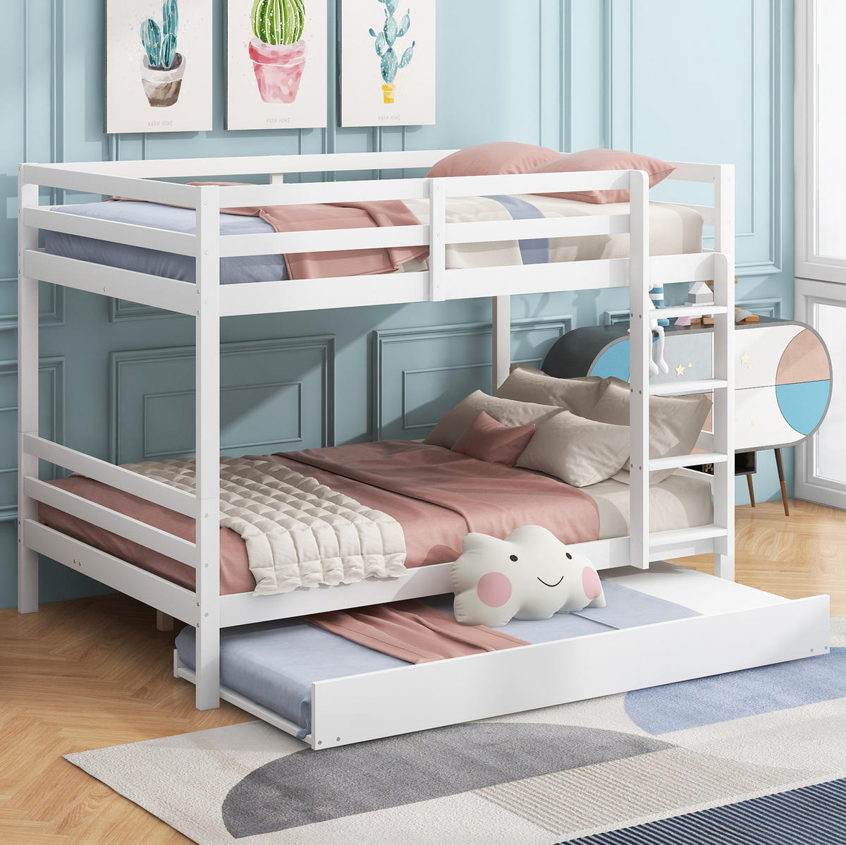 ETAGENBETT 140/200 cm mit Ausziehbett, hoher Absturzsicherung und Treppe, Kiefer & MDF, Weiß - Weiß, Holzwerkstoff (140/200cm) - Redom