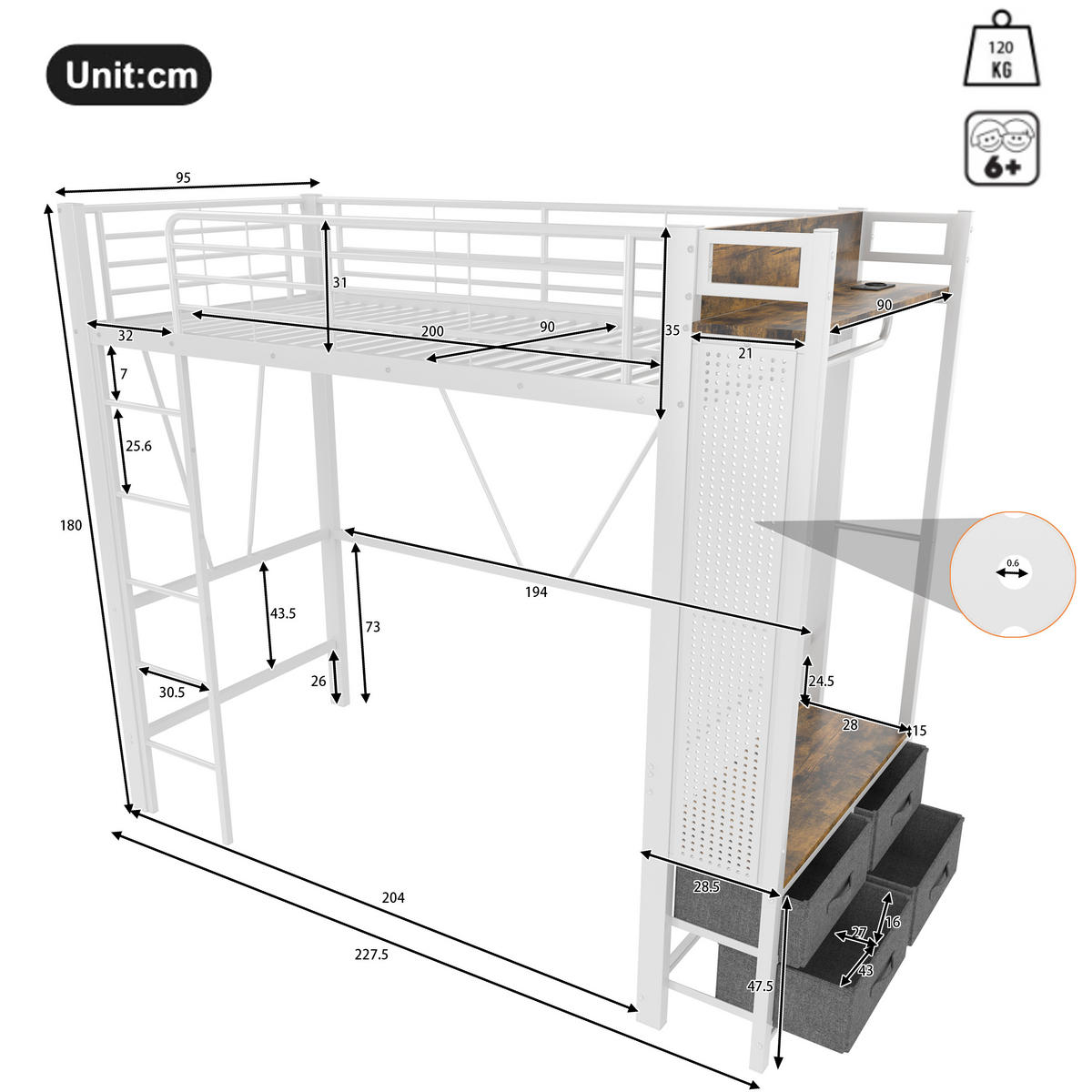HOCHBETT 90/200 cm Eisenrahmen mit 4 Schubladen und USB-Anschluss ohne Matratze - Weiß, Metall (90/200cm) - OKWISH