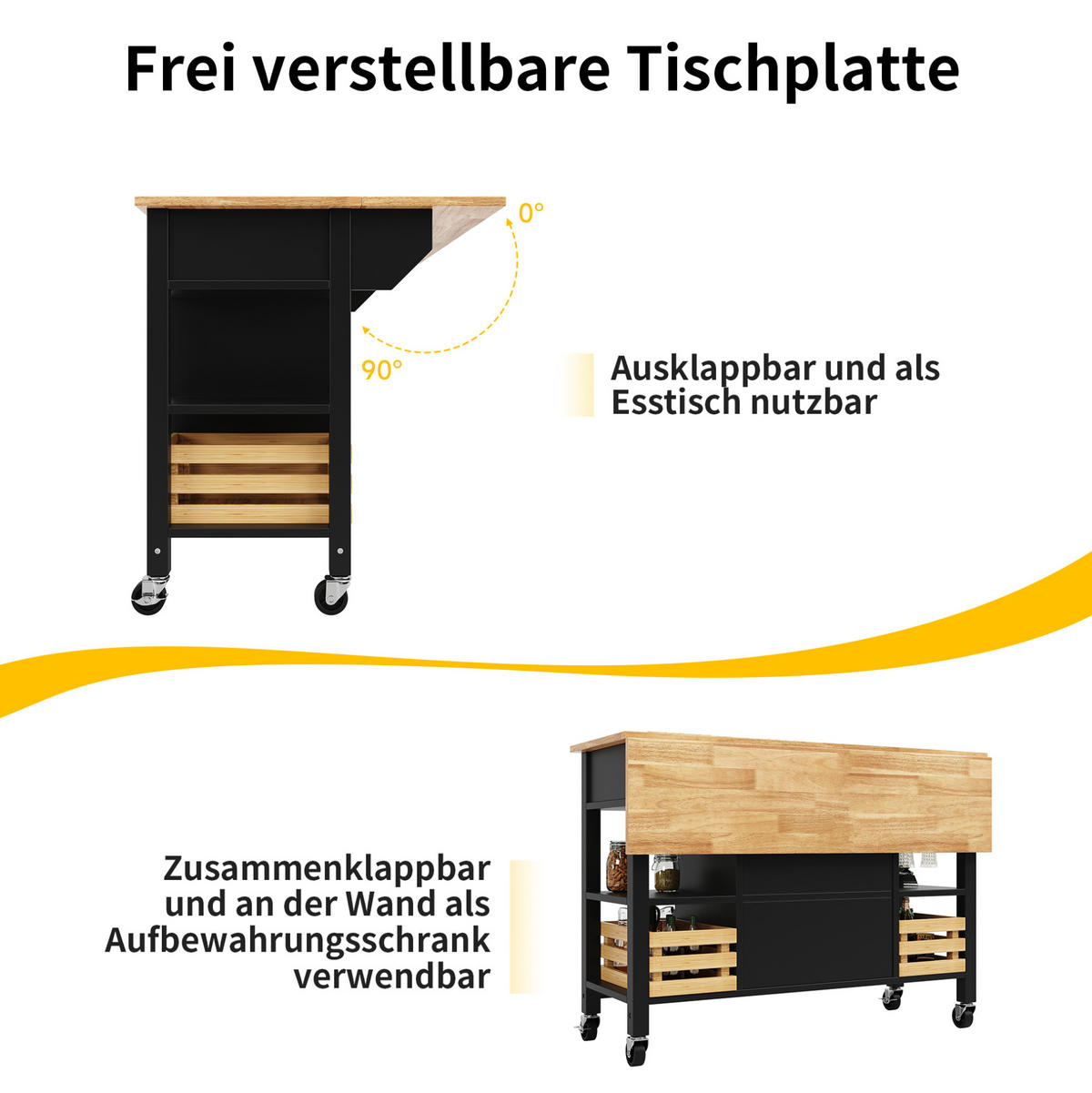 KUHINJSKI otok 120/45/90 cm z zložljivo ploščo, kolesi in izvlečno borovo košaro, MDF, Črna/naravna - črna, leseni material (120/90/45cm) - Redom