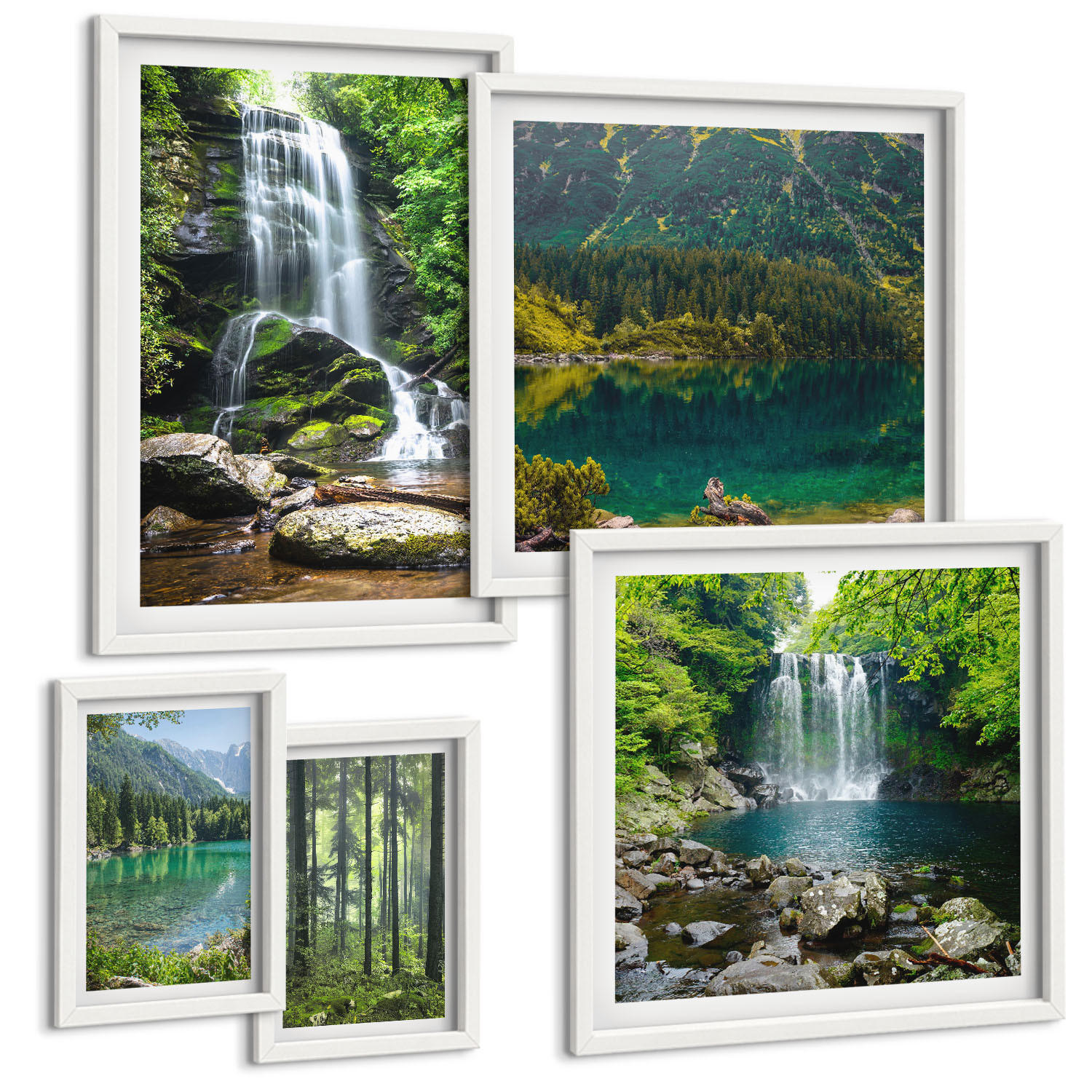 BILDER SET 5er Set - 50x50 cm & 20x30 cm & 40x60 cm Weißer Rahmen - Grüne Landschaften, Wasserfälle - Weiß, Kunststoff (40/60cm) - TULUP
