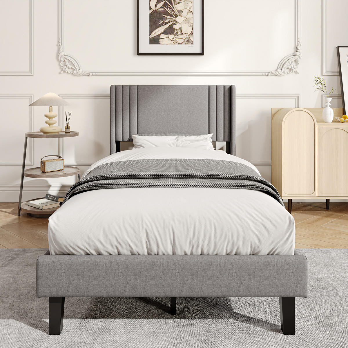 POLSTERBETT 90x200 cm Kopfteil Lattenrost Leinen Einzelbett grau - Grau, Holz (90/200cm) - LEBENLANG