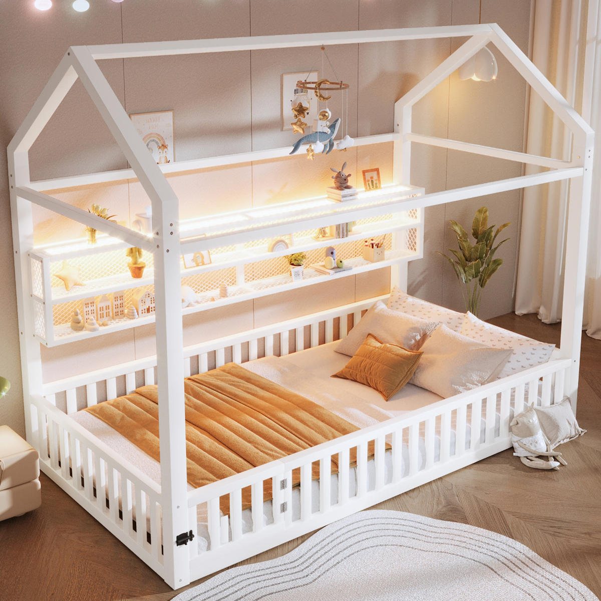 HAUSBETT 90/200 cm weiß aus Metall mit LED-Beleuchtung und Sicherheitszaun - Weiß, Metall (90/200cm) - OKWISH