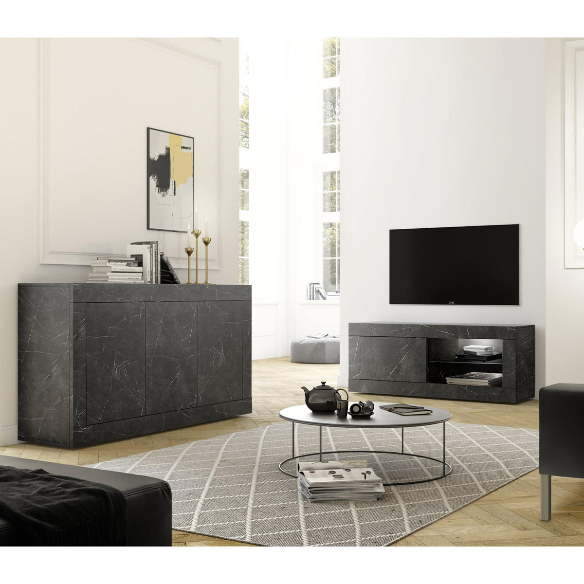 BUFFET 3 Türen Initial - L160 cm - Schwarz, Holzwerkstoff (42/85.8/160cm) - Calicosy