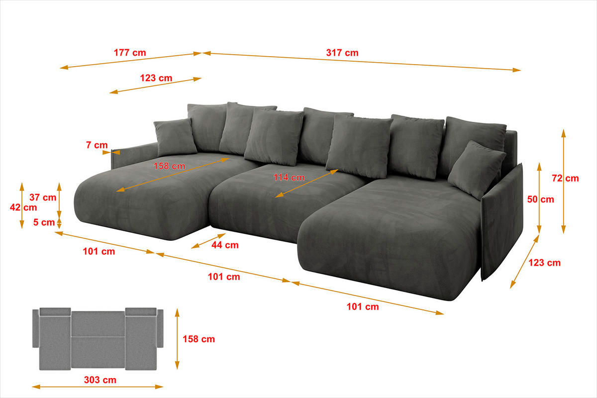 WOHNLANDSCHAFT mit Schlaffunktion und Bettkasten ONESK-U-v1 317x177x72 Dunkelgrau Velours - Dunkelgrau/Anthrazit, Holzwerkstoff/Kunststoff (317/72/177cm) - ALTDECOR