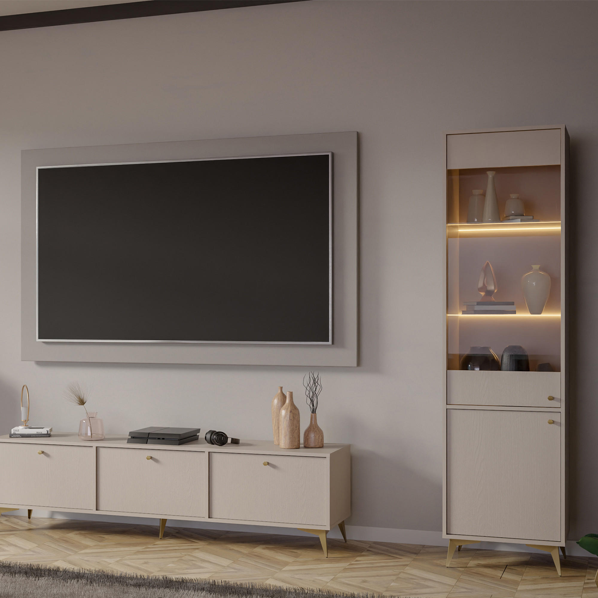 VITRINENSCHRÄNK FLOREN, Creme/Gold - Creme, Holzwerkstoff/Metall (51.8/193.5/40.8cm) - KONSIMO®
