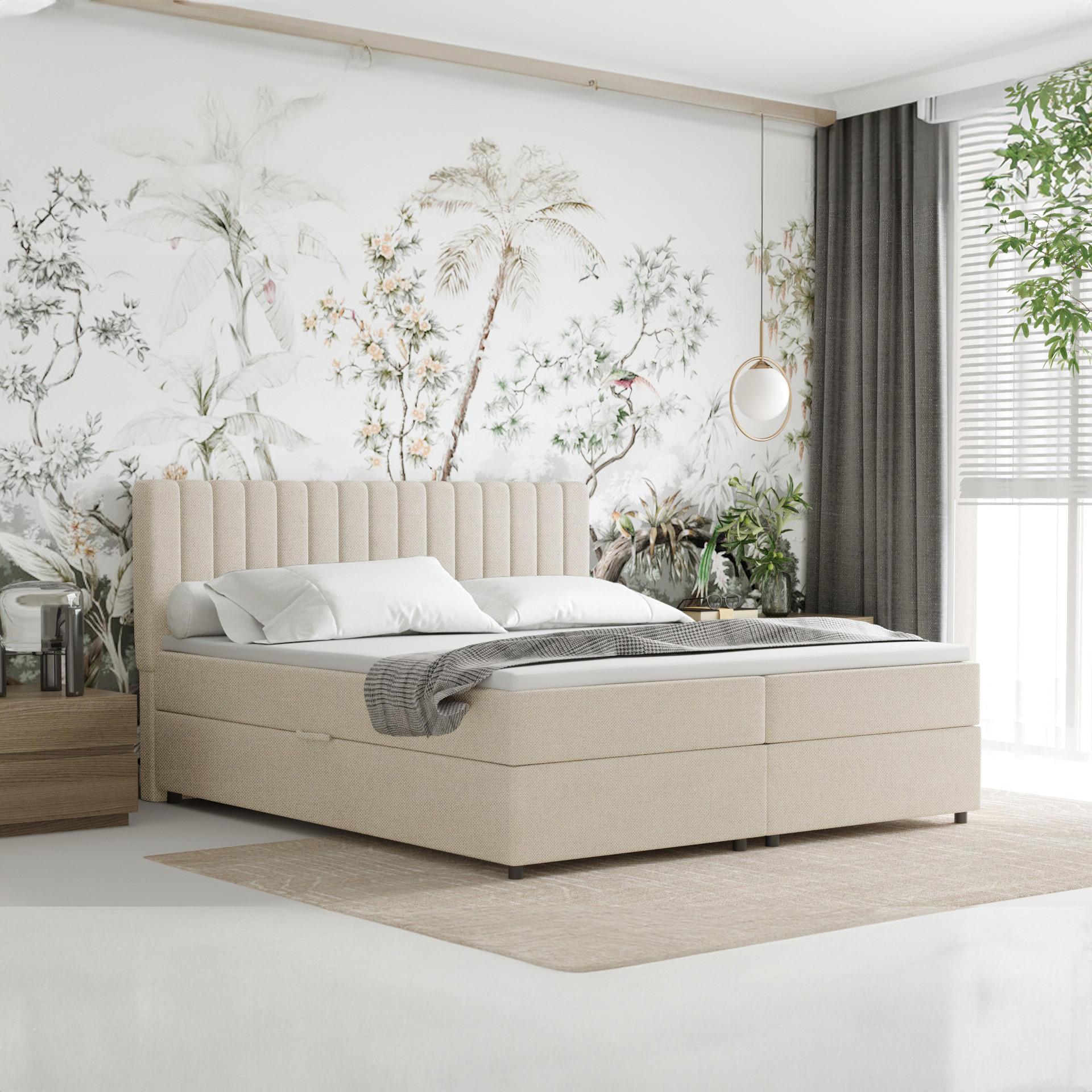BOXBETT Everest beige 180 x 200 cm Doppelbett mit hochwertiger Bonell-Matratze und Topper - Creme, Holz (180/200cm) - Panda Möbel
