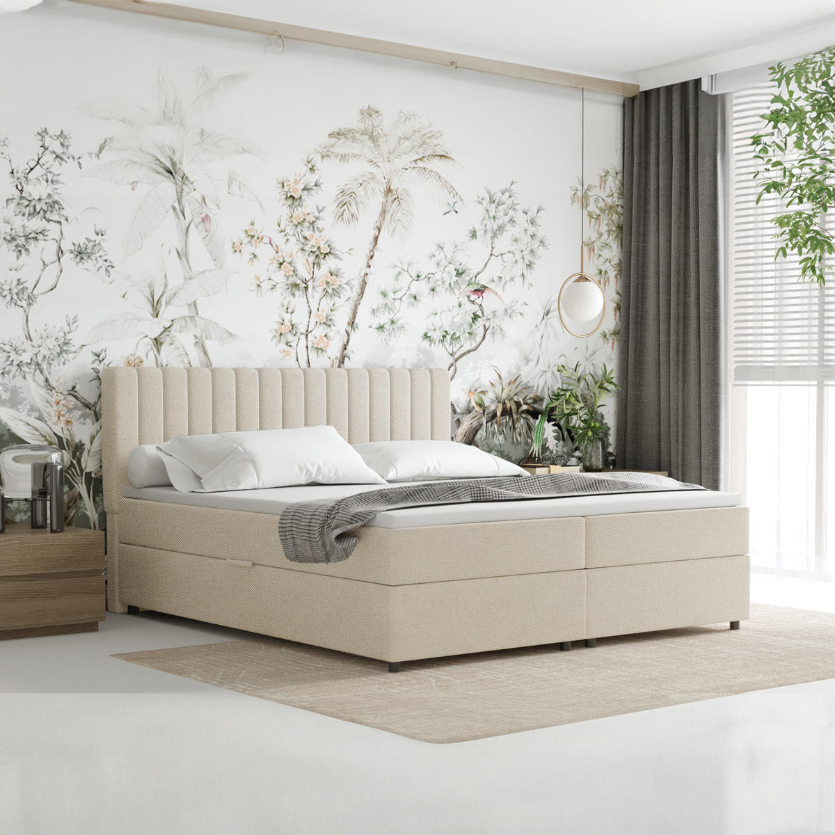 BOXBETT Everest beige 180 x 200 cm Doppelbett mit hochwertiger Bonell-Matratze und Topper - Creme, Holz (180/200cm) - Panda Möbel