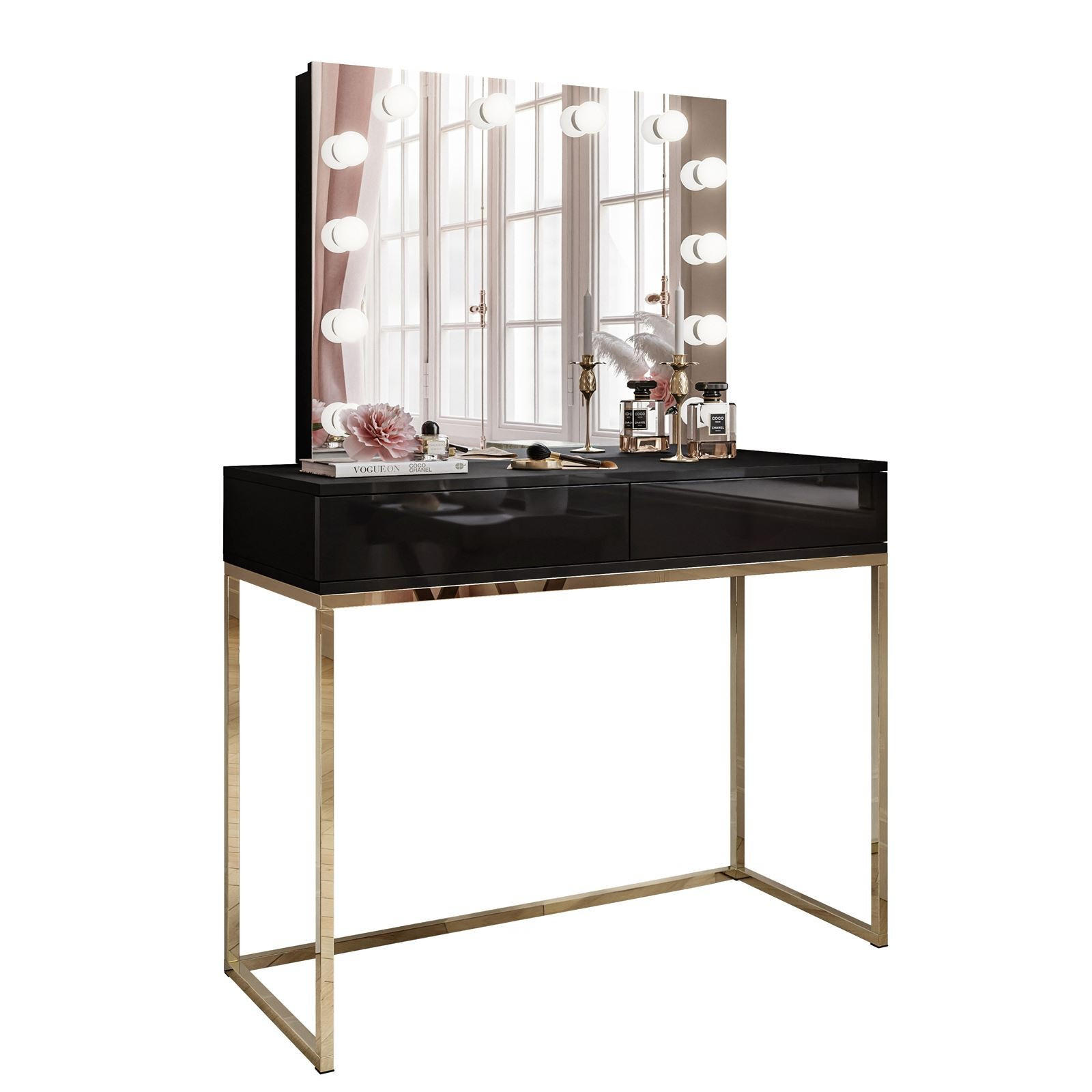 SCHMINKTISCH BLANCO ELITE mit Spiegel und Beleuchtung Gold Chrom Schwarz Hochglanz PUSH OPEN - Schwarz Hochglanz, Holzwerkstoff (100/146/42cm) - Lookway