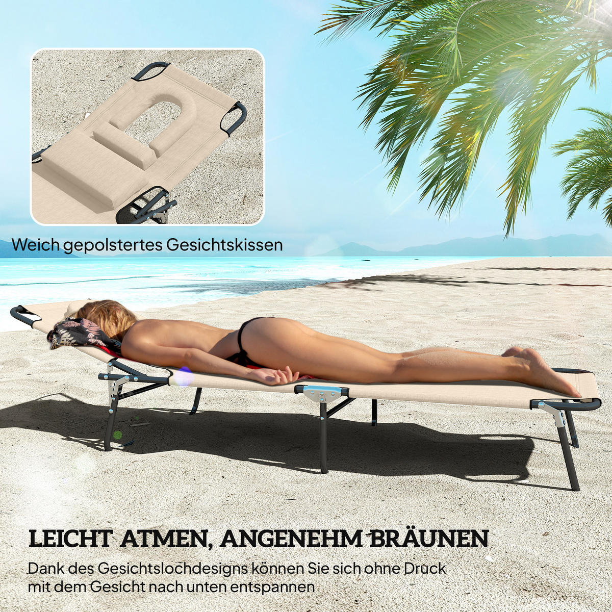 SONNENLIEGE klappbar mit Kopfkissen Beige - Schwarz Hochglanz/Beige, Textil/Metall (58/36/187cm) - Outsunny