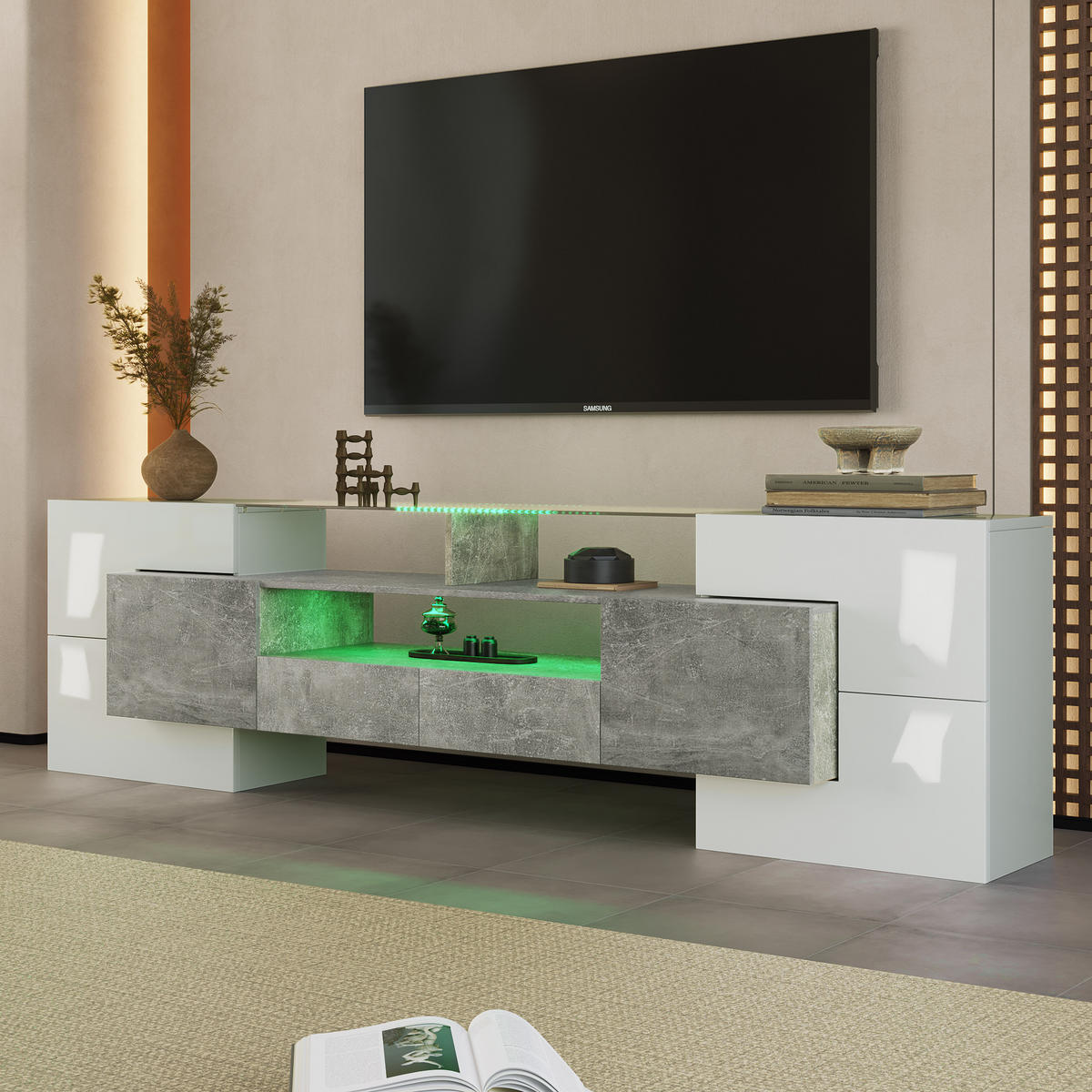 TV-LOWBOARD 200 cm Hochglanz LED weiß - Grau, Holz (200/60/35cm) - Fortuna Lai