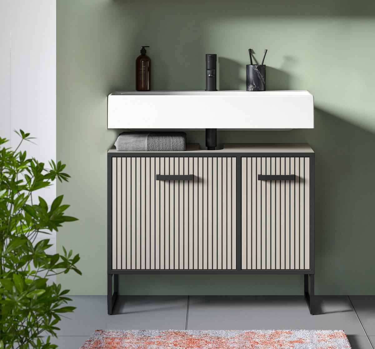 WASCHBECKENUNTERSCHRANK Bagno Bad in Kaschmir Nachbildung und schwarz B/H/T: 80x63x36 cm - Kaschmir, Holzwerkstoff (80/63/36cm)