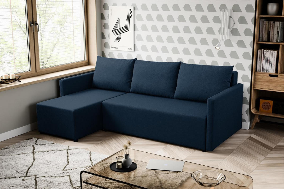 ECKSOFA Kriso Blau, mit Schlaffunktion und Bettzeugstauraum - Blau, Holzwerkstoff (217/138cm) - Bettso