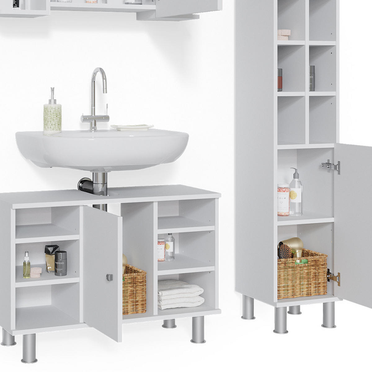 BADMÖBEL-SET Fynn Weiß 3 Teile, mit Midischrank Tür groß - Weiß, Holzwerkstoff (60/54/32cm) - Vicco